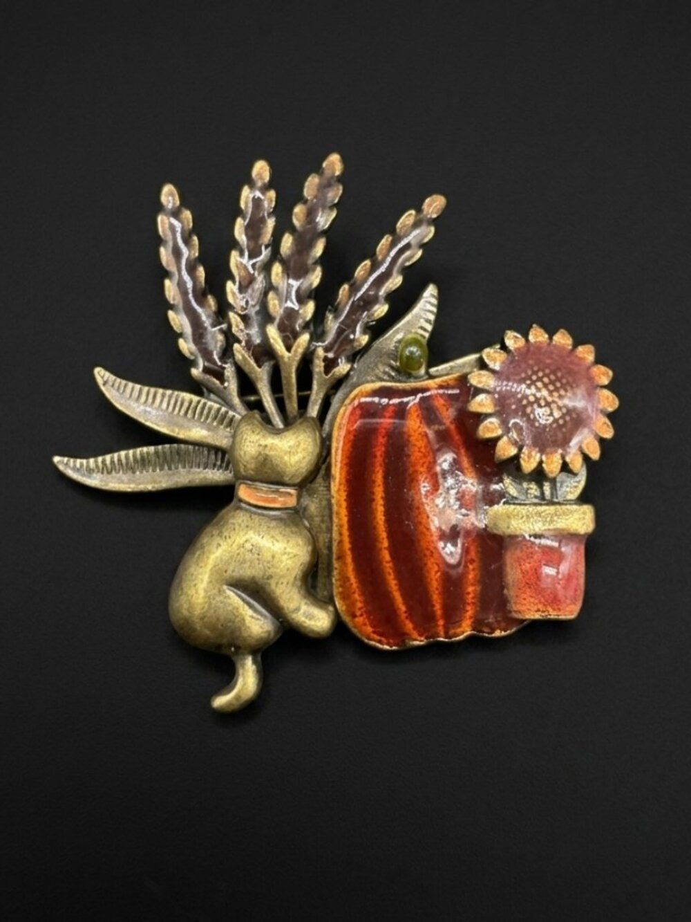 Kenneth Cole Vintage Brooch Enamel Cat Pumpkin Sunflower Harvest